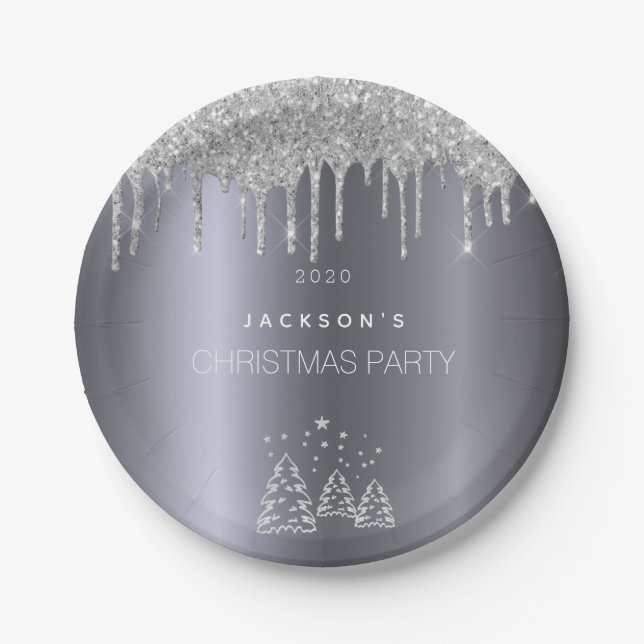 Weihnachts-Silberbäume Glitzer Tropfen Pappteller (Vorderseite)