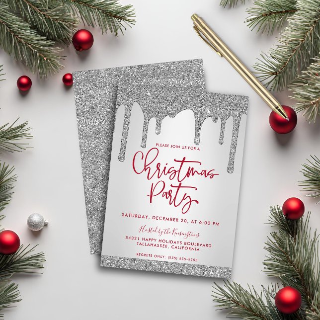 Weihnachts-Silver Glitzer Tropfen Weihnachts-Party Einladung (Christmas Silver Glitter Drips Christmas Party Invitation)