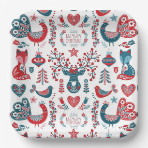 Weihnachts-Skandinavische-Folk-Art-Design in Navy Pappteller