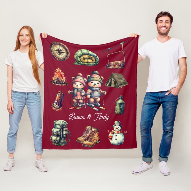 Weihnachts-Ski-Tierabenteuer Bär Outdoor Maroon Fleecedecke (Beispiel)