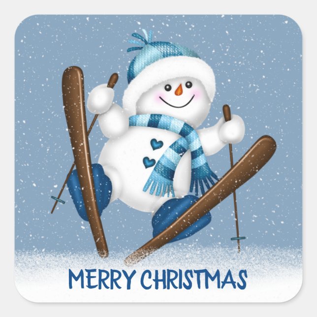 Weihnachts Skifahren Snowman Quadratischer Aufkleber (Vorderseite)