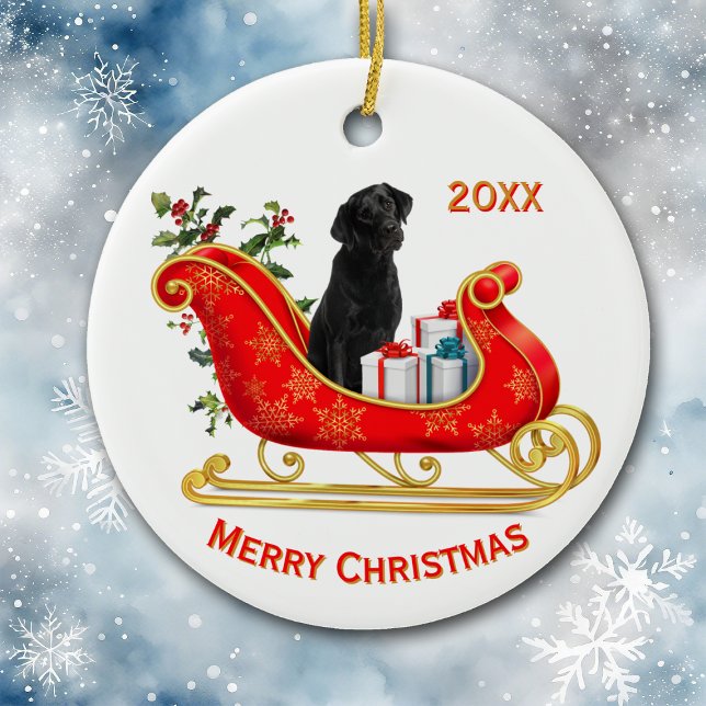 Weihnachts-Sleigh Black Labrador Retriever Dog Keramik Ornament (Von Creator hochgeladen)