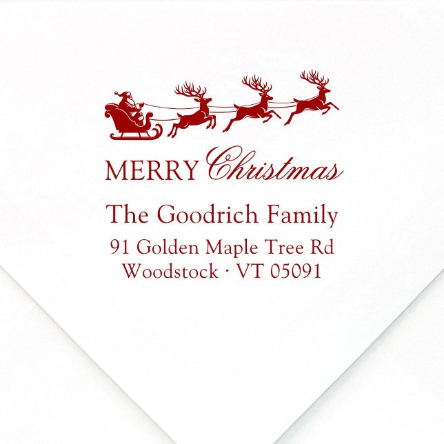 Weihnachts-Sleigh Frohe Weihnachtsfeier Rücksendea Gummistempel (Festive, script Merry Christmas return address stamp featuring elegant Santa's Reindeer Sleigh red)