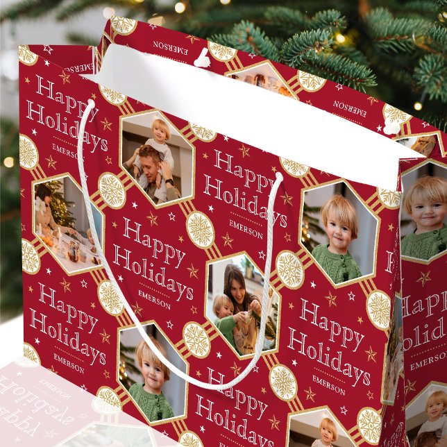 Weihnachts-Snowflake Foto Classic Deep Red Große Geschenktüte (Von Creator hochgeladen)