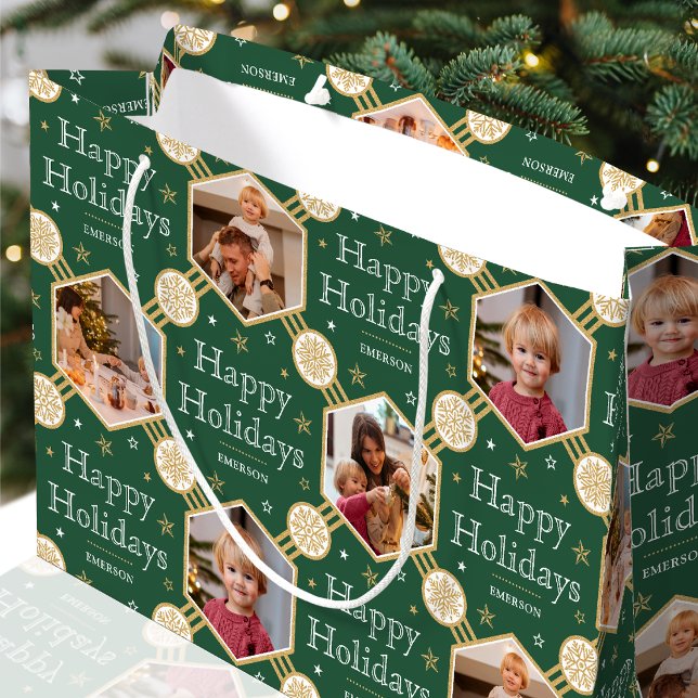 Weihnachts-Snowflake Foto Classic Green Große Geschenktüte (Von Creator hochgeladen)