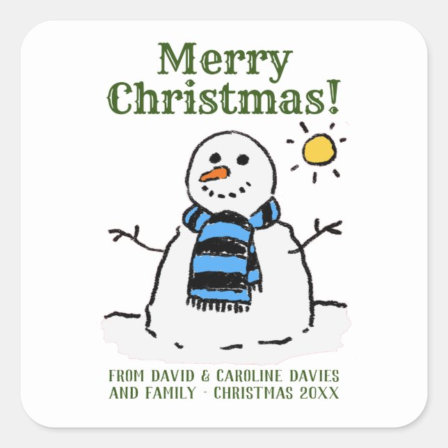 Weihnachts-Snowman-Design mit persönlicher Begrüßu Quadratischer Aufkleber (Vorderseite)
