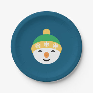 Weihnachts-Snowman in Green Hat on Blue Pappteller