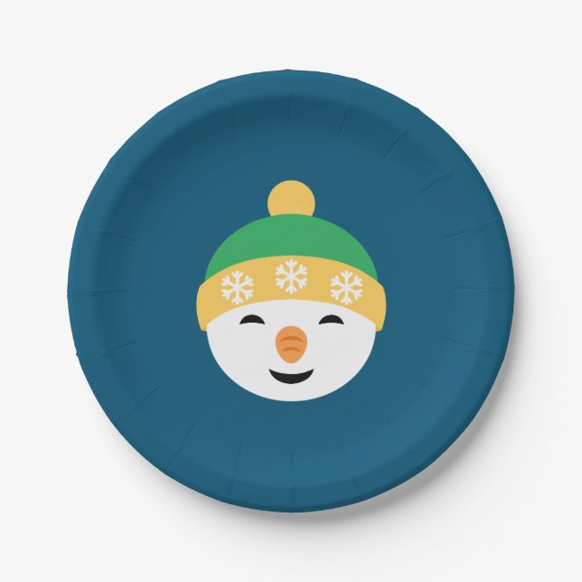 Weihnachts-Snowman in Green Hat on Blue Pappteller (Vorderseite)