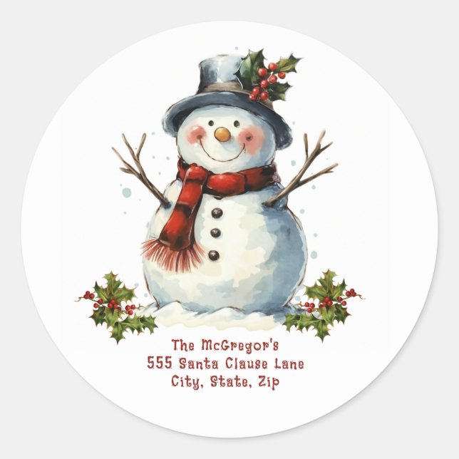 Weihnachts-Snowman-Rücksendeadresse Runder Aufkleber (Vorderseite)