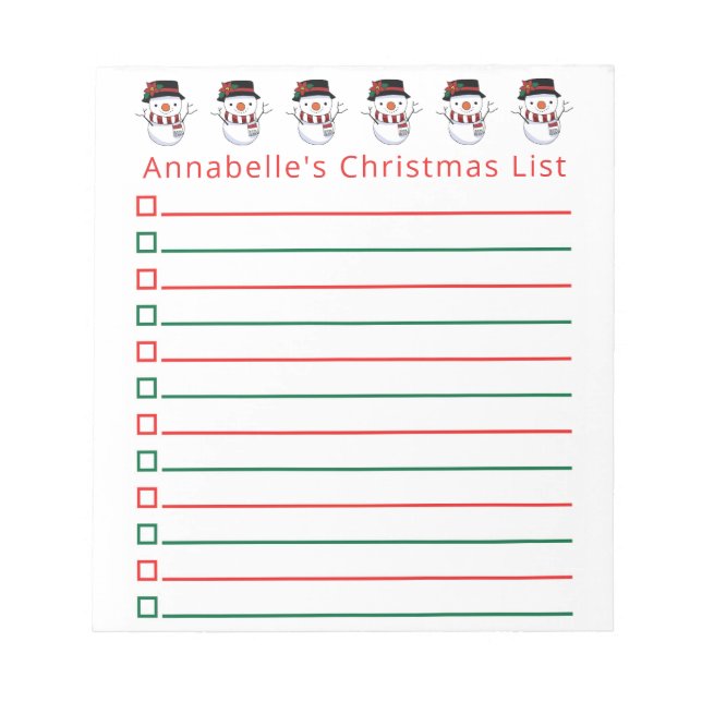 Weihnachts-Snowmen-Einkaufsliste personalisieren Notizblock (Vorderseite)