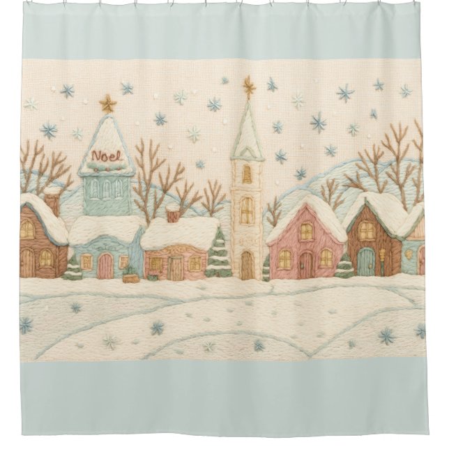 Weihnachts-Snowy-Village-Szene Duschvorhang (Vorderseite)