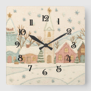 Weihnachts-Snowy-Village-Szene Quadratische Wanduhr