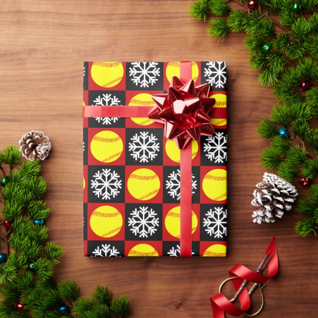 Weihnachts Softball Red und Black Snowflake Muster Geschenkpapier (Feiertagsgeschenk)
