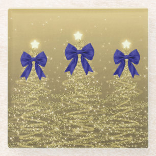 Weihnachts-Sparkling-Bäume Gold Faux-Navy-Schleife Glasuntersetzer