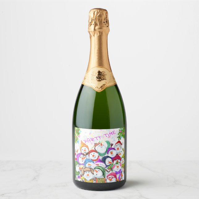Weihnachts Sparkling Weinlabel Happy Snowman Party (Vorderseite)