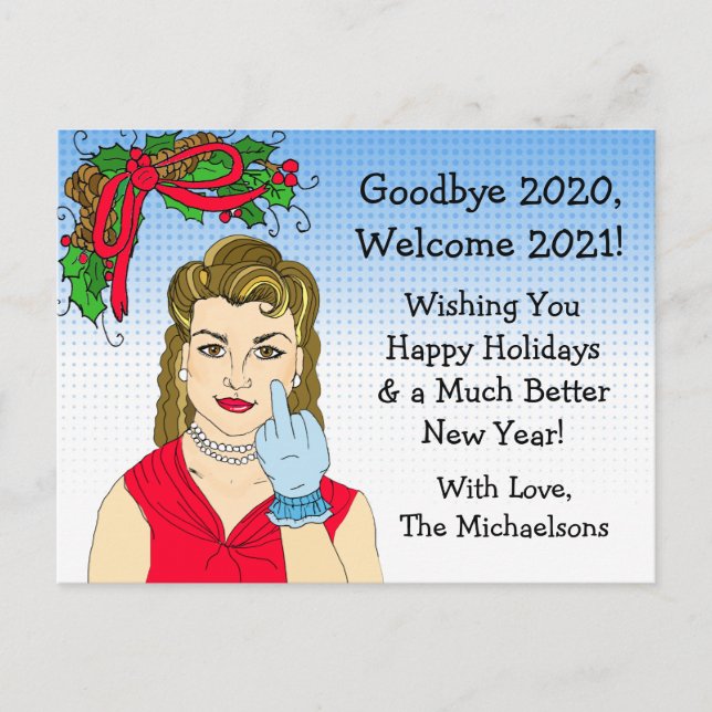 Weihnachts-Spaß Funny Retro Lady Drehend Vogel Postkarte (Vorderseite)