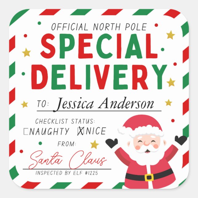 Weihnachts Special Lieferung Nordpol Santa Kids Quadratischer Aufkleber (Vorderseite)