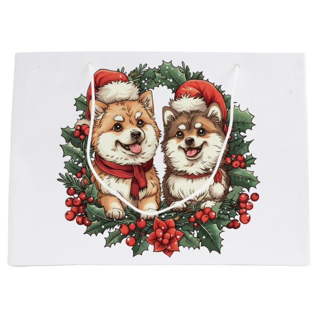 Weihnachts-Spitz Hogs Mistletoe Wreath Große Geschenktüte (Vorderseite)