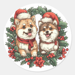 Weihnachts-Spitz Hogs Mistletoe Wreath Runder Aufkleber