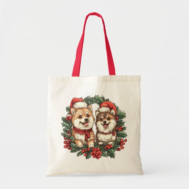 Weihnachts-Spitz Hogs Mistletoe Wreath Tragetasche (Vorne)