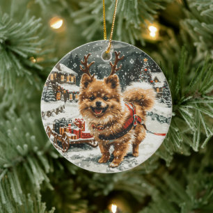 Weihnachts-Spitz Rentier Dog Keramik Ornament