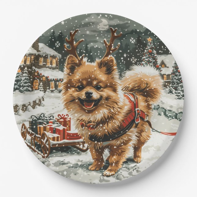 Weihnachts-Spitz Rentier Dog Pappteller (Vorderseite)