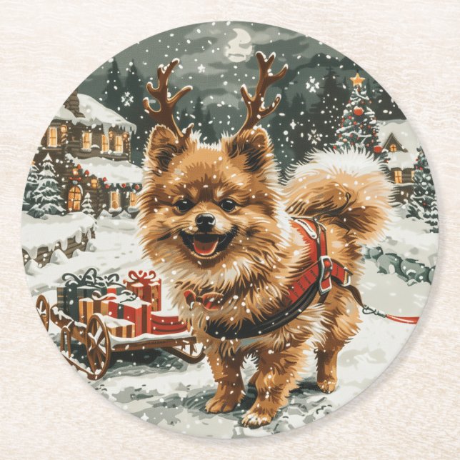 Weihnachts-Spitz Rentier Dog Runder Pappuntersetzer (Vorderseite)