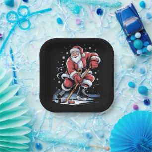 Weihnachts-Sport Santa spielt Eishockey Xmas Pappteller