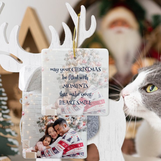 Weihnachts-Sprichwort Foto Overlay Navy Whimsiktex Keramikornament (Front and back view)