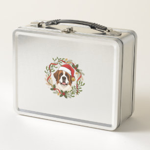 Weihnachts-St.-Bernhard-Hund-Santa-Hut-Kranz Metall Brotdose