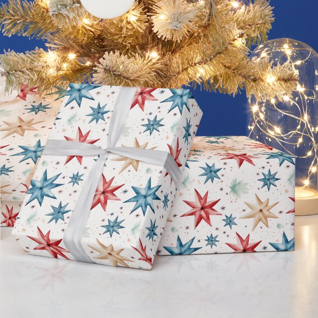 Weihnachts-Star-Ornamente Rot Blau Moderne Weihnac Geschenkpapier (Feiertage)
