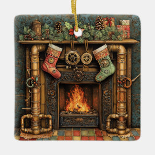 Weihnachts-Steampunk-Feuerplatz-Ornament Keramikornament