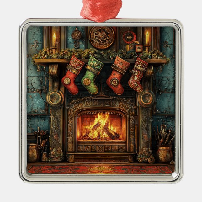 Weihnachts-Steampunk-Feuerplatz-Ornament Ornament Aus Metall (Vorne)