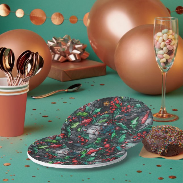 Weihnachts-Stechpalmen-Graffiti Pappteller (Multi)