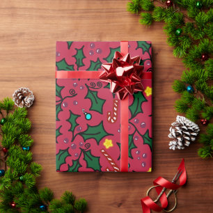 Weihnachts-Stechpalmen-Sterne und Zuckerstangen-Mu Geschenkpapier