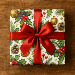 Weihnachts-Stechpalmenblätter und rote Schleife au Geschenkpapier