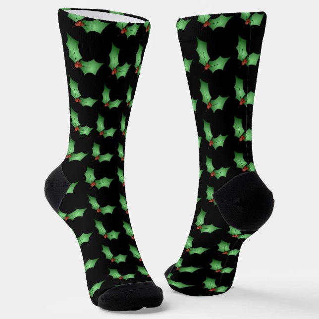 Weihnachts-Stechpalmenmuster auf Schwarz Socken (Gewinkelt)