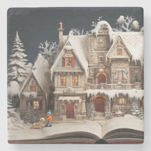Weihnachts Storybook Manor mit Kind & Hund Steinuntersetzer