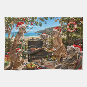 Weihnachts-Strand-Grillfest mit Kängurus und Koala Geschirrtuch