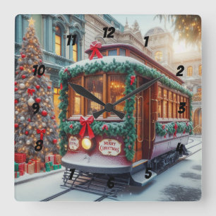 Weihnachts-Streetcar im Schnee Quadratische Wanduhr