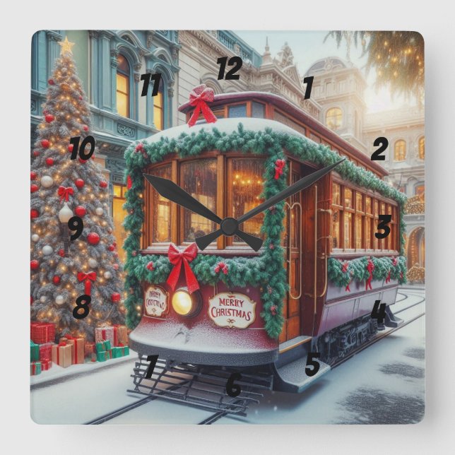 Weihnachts-Streetcar im Schnee Quadratische Wanduhr (Vorderseite)