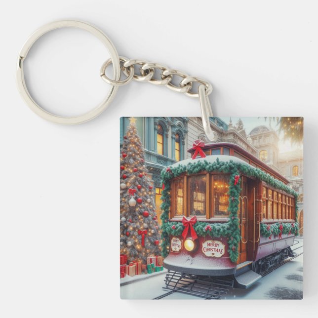Weihnachts-Streetcar im Schnee Schlüsselanhänger (Vorderseite)