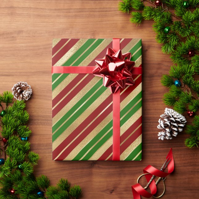 Weihnachts-Streifen Muster Red Green Gold Geschenkpapier (Feiertagsgeschenk)