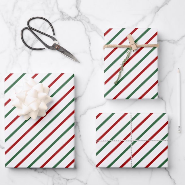 Weihnachts Streifen Muster Rot Grün Weiß Geschenkpapier Set (Vorderseite)