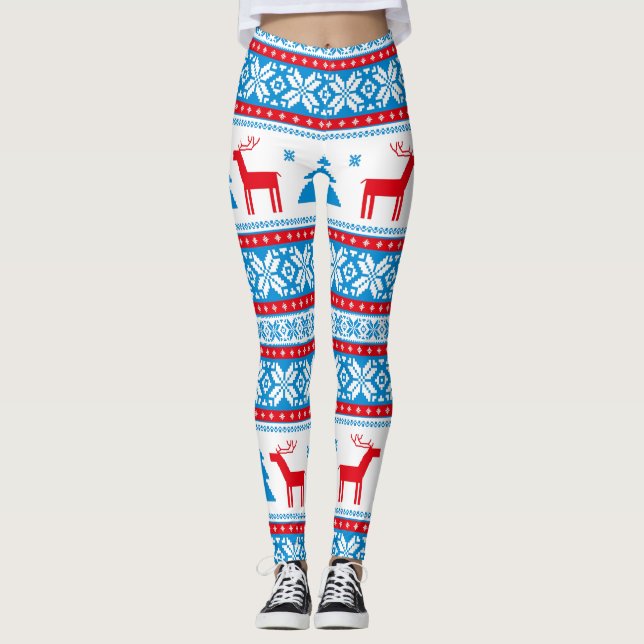 Weihnachts-Strick Grafik - Schneeflocken & Rentier Leggings (Vorderseite)