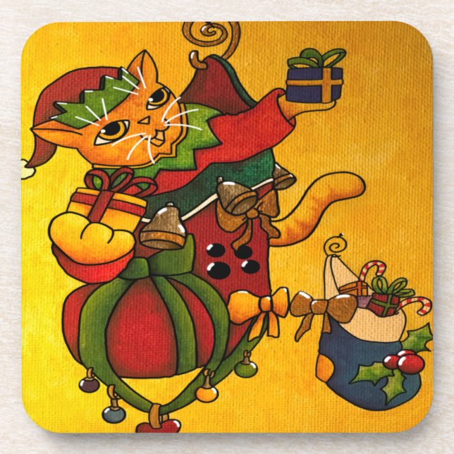 Weihnachts-Strumpf Kitty Cat v2 Getränkeuntersetzer (Vorderseite)