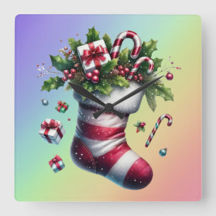 Weihnachts-Strumpf mit Geschenken und Süßspeisen Quadratische Wanduhr