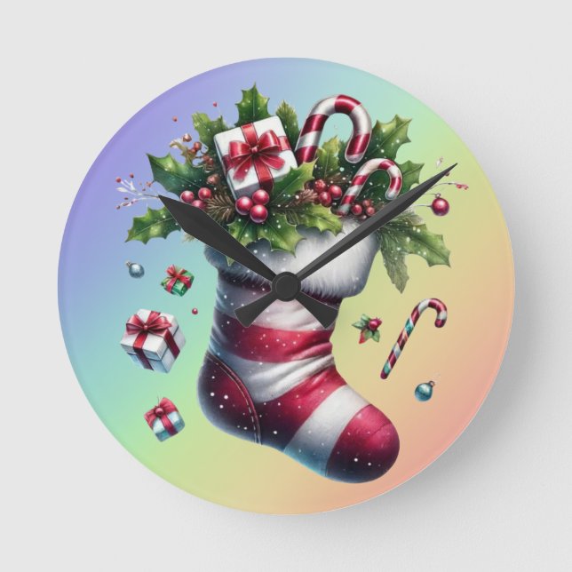 Weihnachts-Strumpf mit Geschenken und Süßspeisen Runde Wanduhr (Vorderseite)