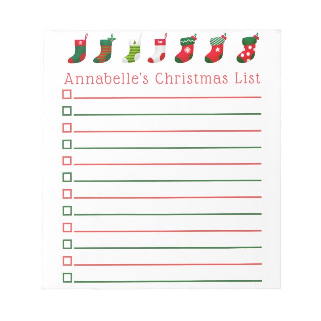 Weihnachts-Strümpfe Einkaufsliste personalisieren Notizblock (Vorderseite)