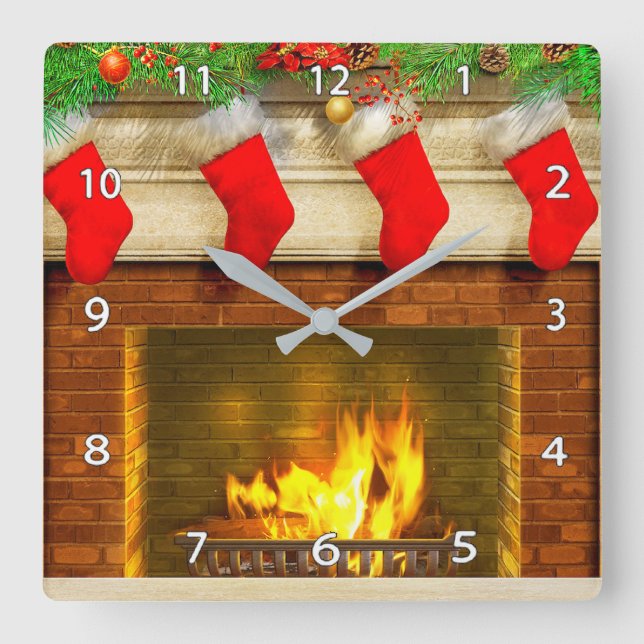 Weihnachts-Strümpfe und Feuerstelle Quadratische Wanduhr (Vorderseite)